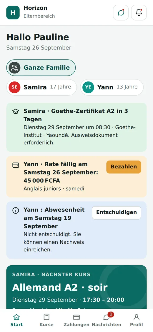 Elternbereich auf dem Handy: Kurse, Raten und Abwesenheiten der Kinder