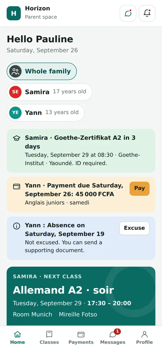 Parent space on the phone: children's classes, instalments and absences