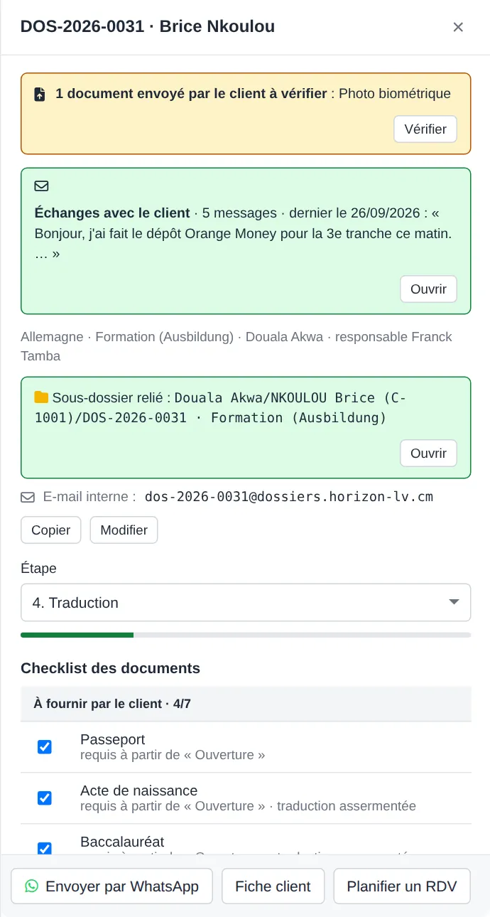 Dossier visa : pièces reçues et manquantes, étape, messages du client
