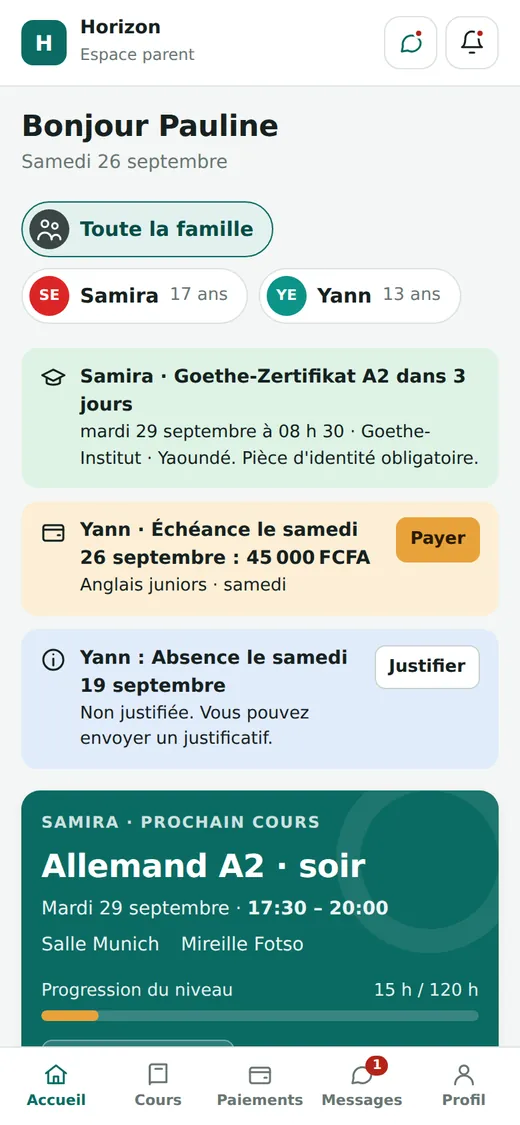Espace parent sur le téléphone : cours, échéances et absences des enfants